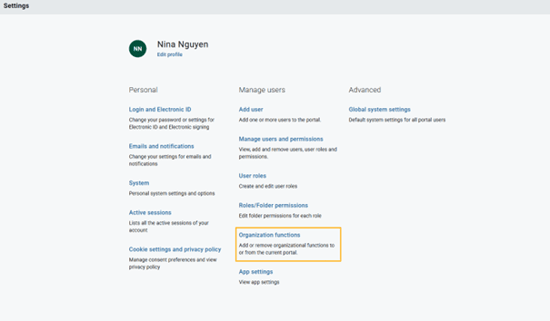 Organization functions option under settings