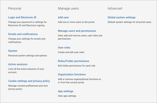 Settings page
