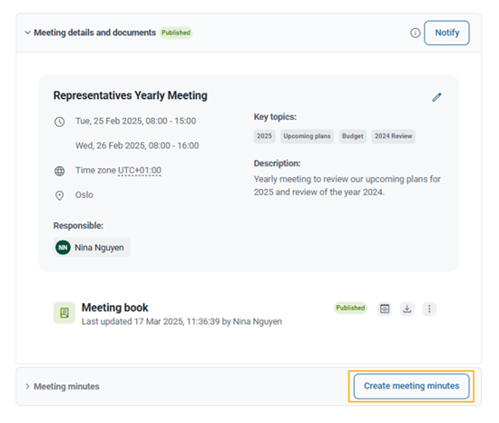 create meeting minutes button