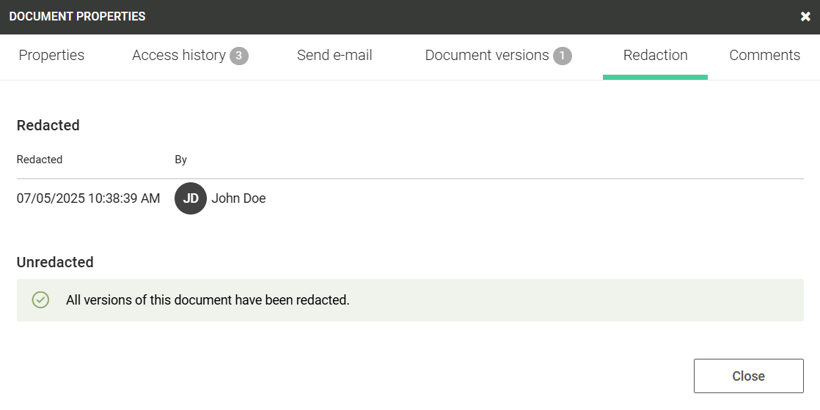 document properties view of redactors