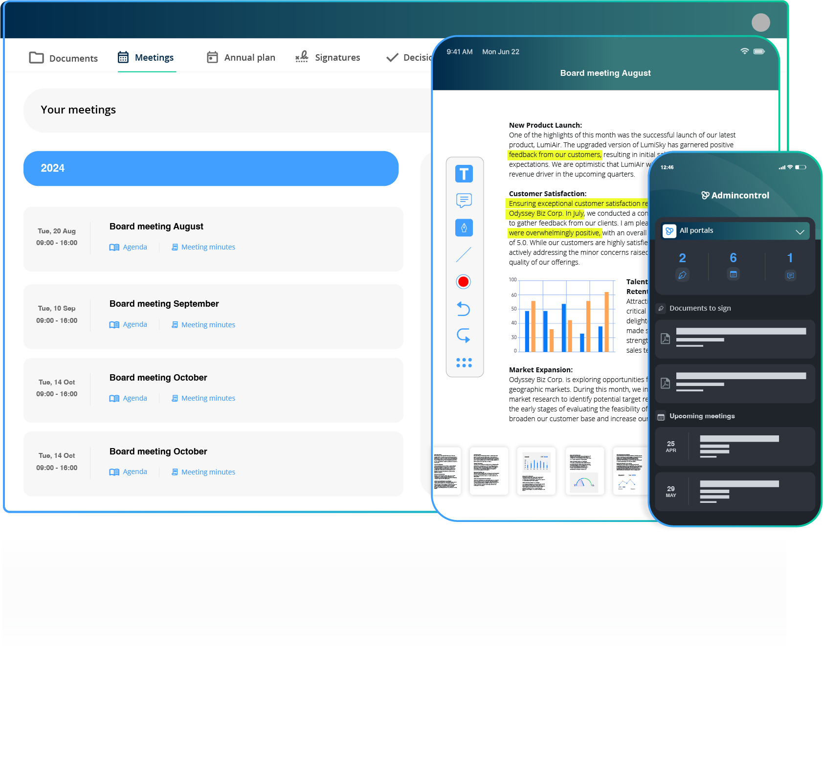 Desktop, tablet and mobile displaying board meetings, board papers and the native board portal app.