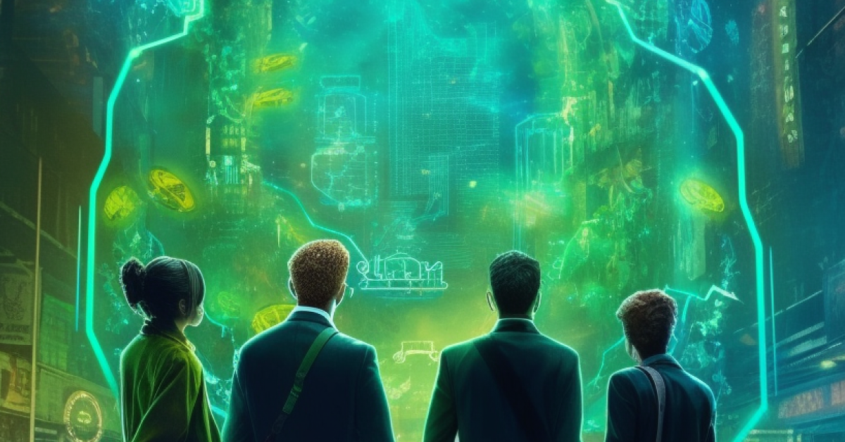 People viewing futuristic holographic city map
