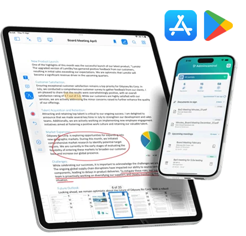 Board meeting app on tablet and mobile showing board documents and dashboard